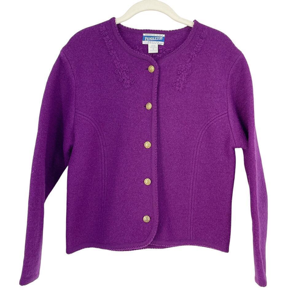 Vintage Pendleton 100% Virgin Wool Cardigan Purple Gold Button Small Petite 90s